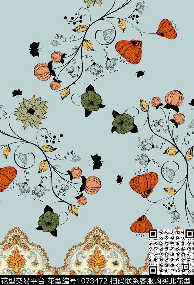 民族花卉欧式定位花手绘花卉数码印花华亿平台下载（图片编号: 1073472） - 瓦栏（Walan）