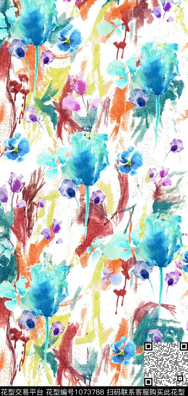 绘画几何花卉抽象花卉数码印花华亿平台下载（图片编号: 1073788） - 瓦栏（Walan）
