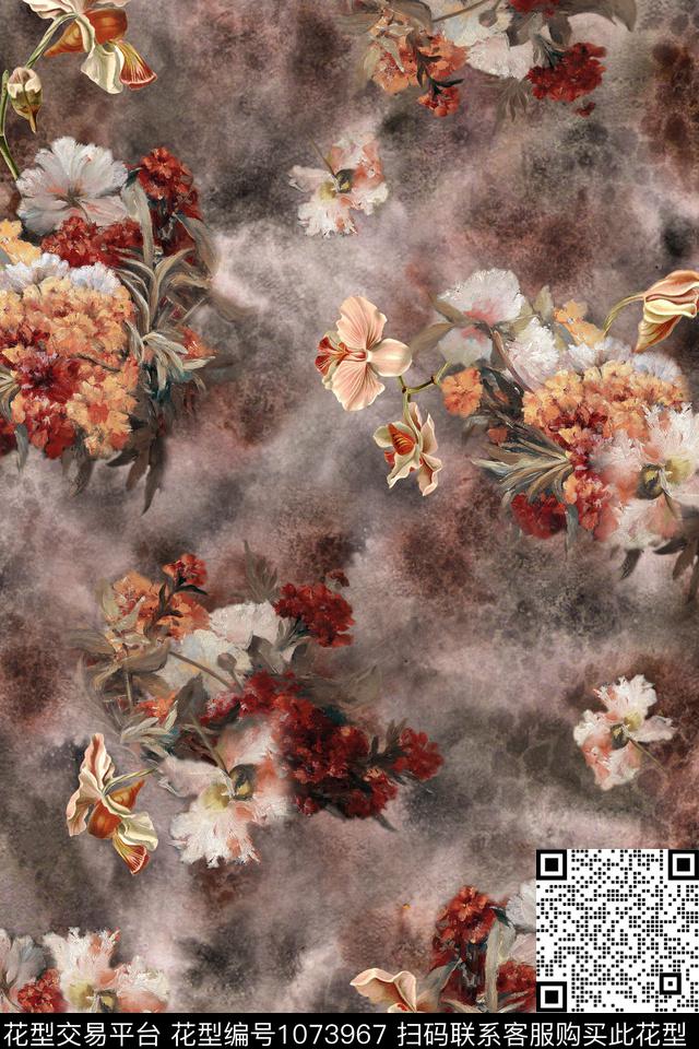 花卉油画华亿平台朦胧底数码印花华亿平台下载（图片编号: 1073967） - 瓦栏（Walan）
