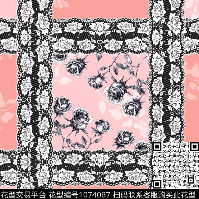 玫瑰花风格化花卉方巾数码印花华亿平台下载（图片编号: 1074067） - 瓦栏（Walan）