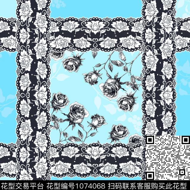 玫瑰花风格化花卉方巾数码印花华亿平台下载（图片编号: 1074068） - 瓦栏（Walan）