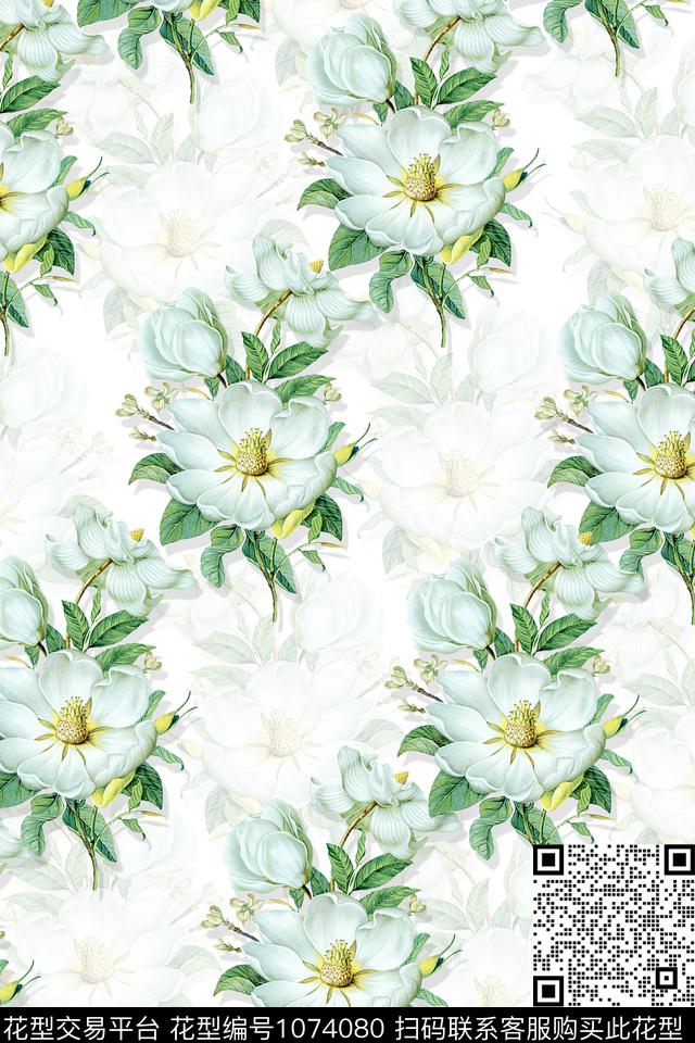 简约清爽底花卉栀子开花数码印花华亿平台下载（图片编号: 1074080） - 瓦栏（Walan）