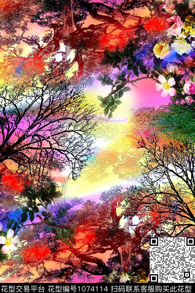 炫彩抽象定位花数码印花华亿平台下载（图片编号: 1074114） - 瓦栏（Walan）
