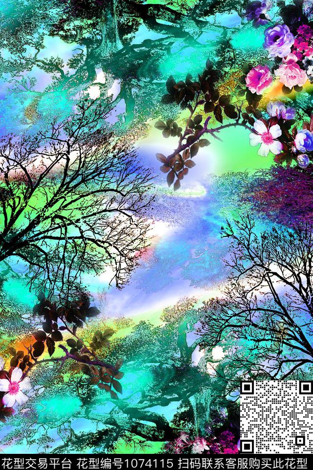 炫彩抽象定位花数码印花华亿平台下载（图片编号: 1074115） - 瓦栏（Walan）