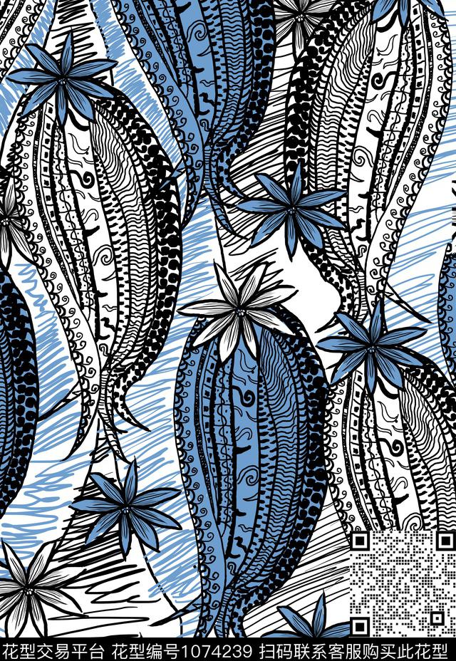 抽象花卉清爽底花卉签字笔花卉传统印花华亿平台下载（图片编号: 1074239） - 瓦栏（Walan）