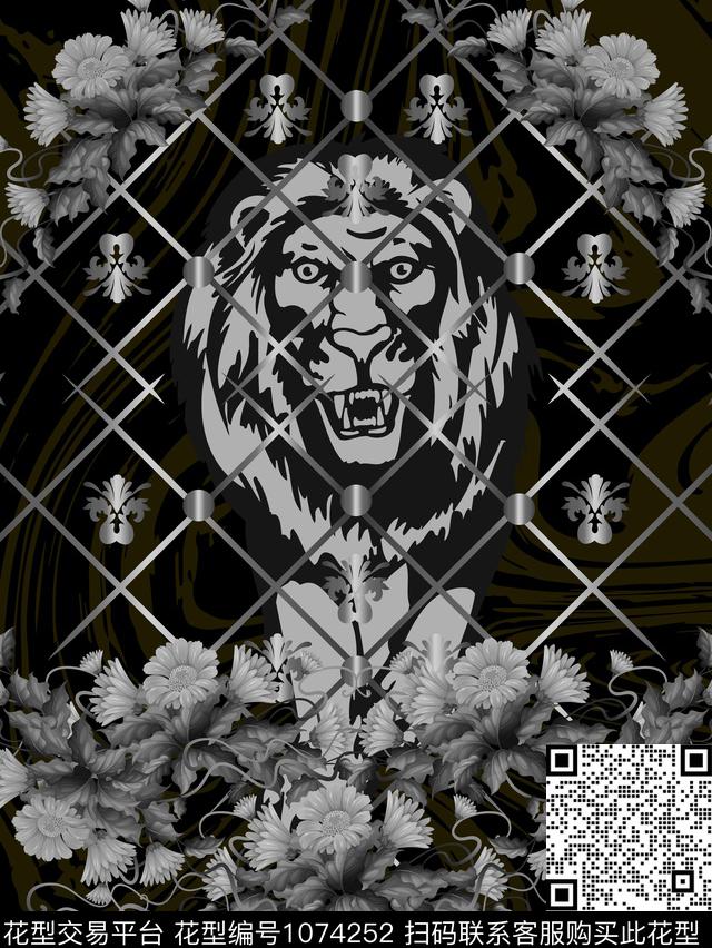 狮子花卉暗色花卉数码印花华亿平台下载（图片编号: 1074252） - 瓦栏（Walan）