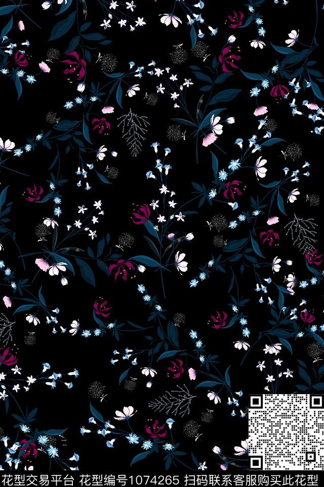 黑色底花枝花卉小碎花数码印花华亿平台下载（图片编号: 1074265） - 瓦栏（Walan）