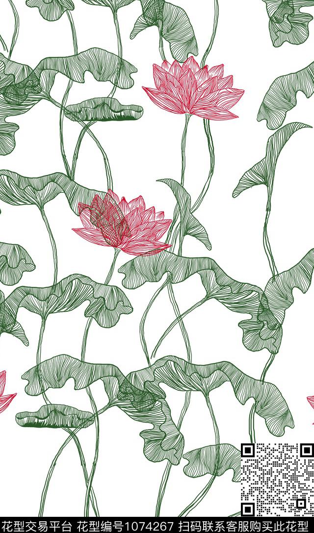清爽底花卉荷花签字笔手绘传统印花华亿平台下载（图片编号: 1074267） - 瓦栏（Walan）