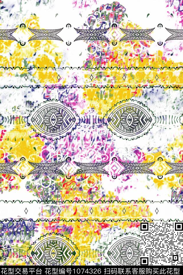 几何清爽底花卉条纹数码印花华亿平台下载（图片编号: 1074326） - 瓦栏（Walan）
