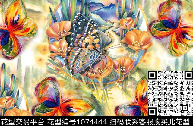 抽象花卉蝴蝶大牌风数码印花华亿平台下载（图片编号: 1074444） - 瓦栏（Walan）