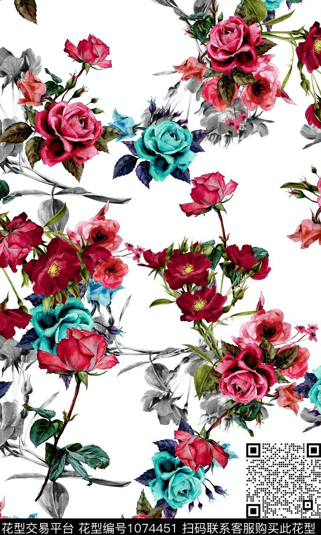 抽象花卉大牌风数码印花华亿平台下载（图片编号: 1074451） - 瓦栏（Walan）