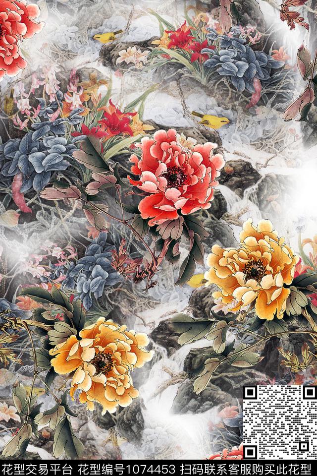 数码华亿平台水彩花卉中国风数码印花华亿平台下载（图片编号: 1074453） - 瓦栏（Walan）