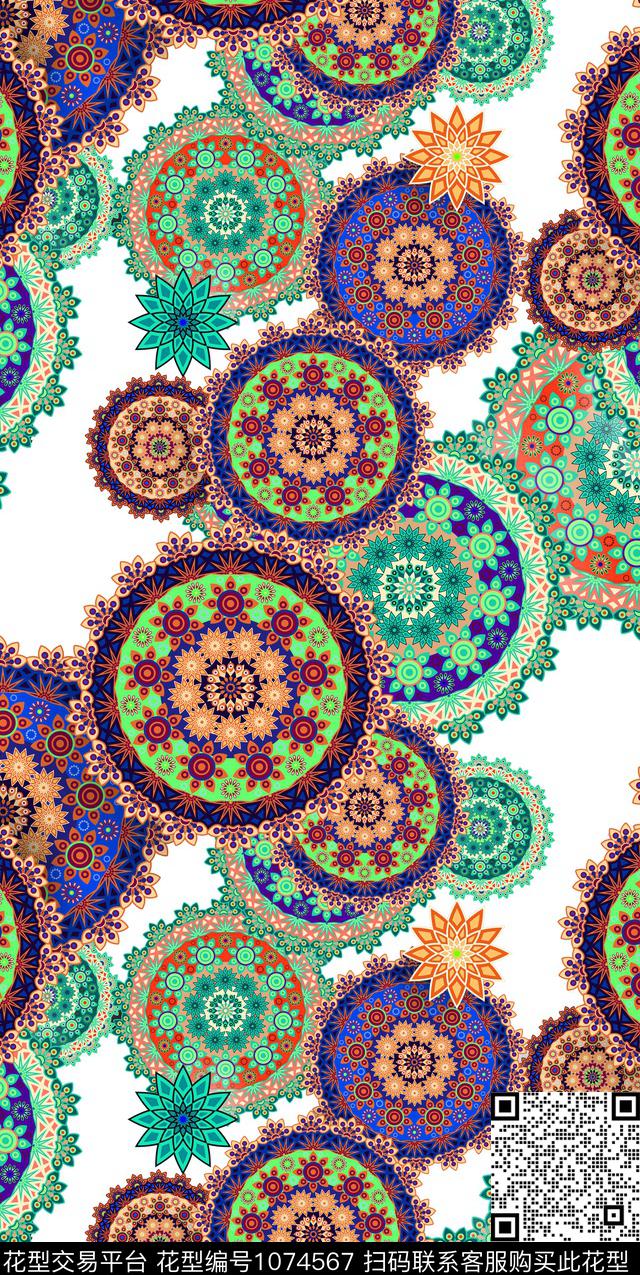 民族风白底花圆形数码印花华亿平台下载（图片编号: 1074567） - 瓦栏（Walan）