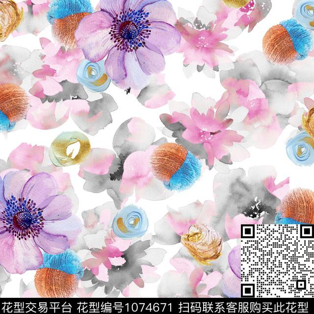 抽象水彩花卉笔触数码印花华亿平台下载（图片编号: 1074671） - 瓦栏（Walan）