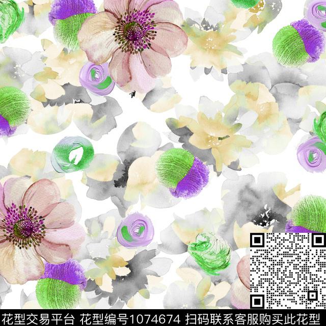 抽象水彩花卉笔触数码印花华亿平台下载（图片编号: 1074674） - 瓦栏（Walan）