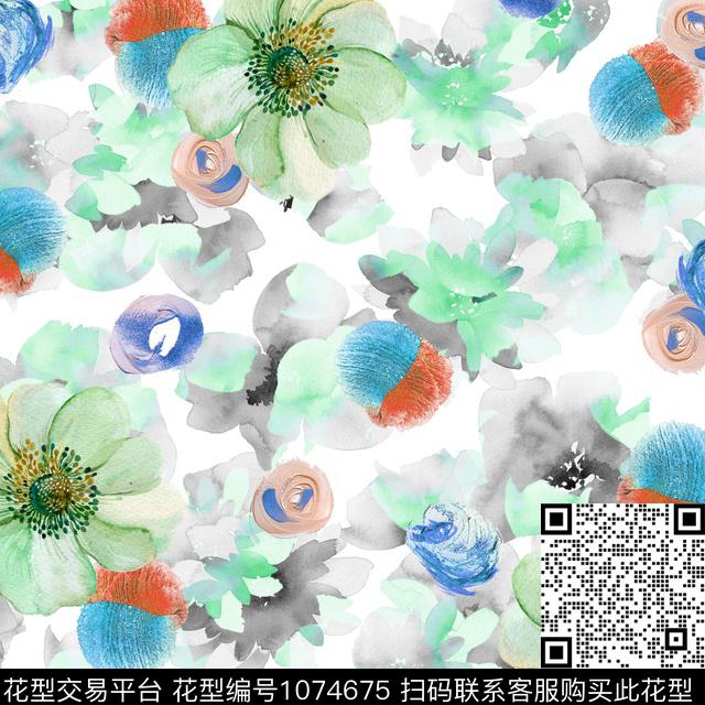 抽象水彩花卉笔触数码印花华亿平台下载（图片编号: 1074675） - 瓦栏（Walan）