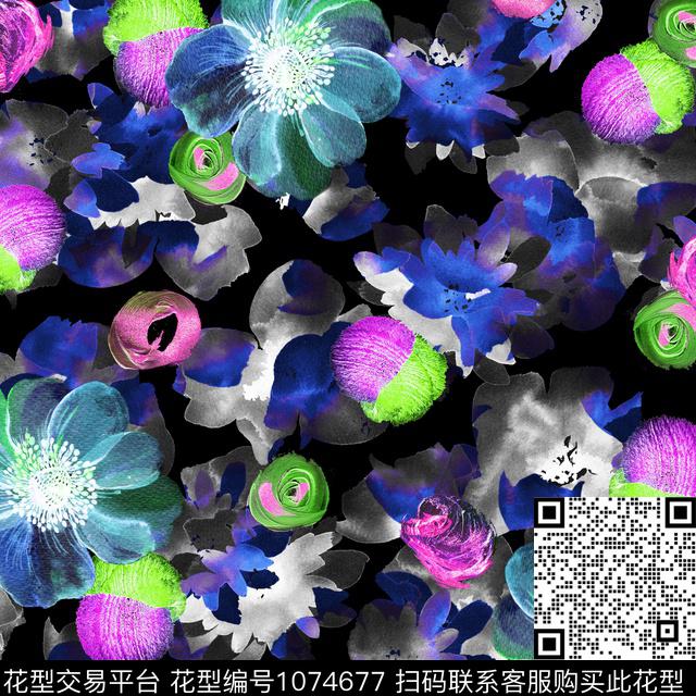 抽象水彩花卉笔触数码印花华亿平台下载（图片编号: 1074677） - 瓦栏（Walan）