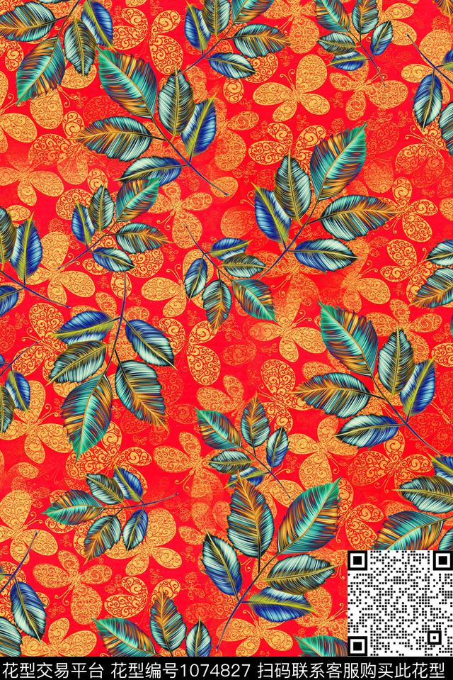 秋冬华亿平台抽象绿植树叶数码印花华亿平台下载（图片编号: 1074827） - 瓦栏（Walan）
