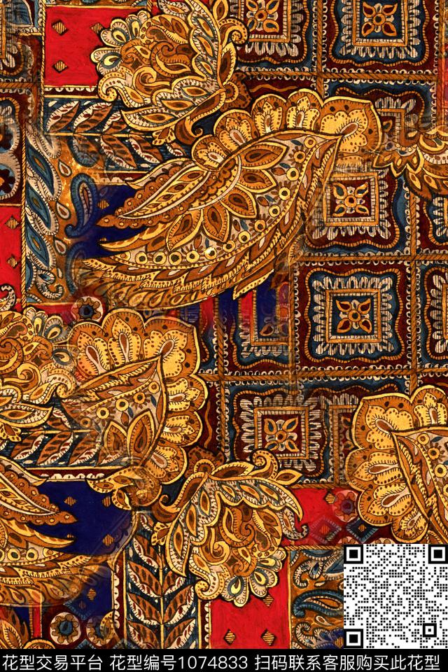 数码华亿平台民族花卉抽象数码印花华亿平台下载（图片编号: 1074833） - 瓦栏（Walan）