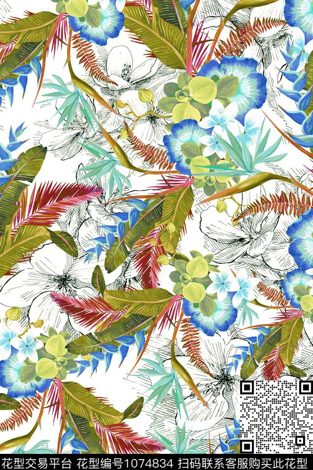 棕榈树签字笔手绘栀子花数码印花华亿平台下载（图片编号: 1074834） - 瓦栏（Walan）