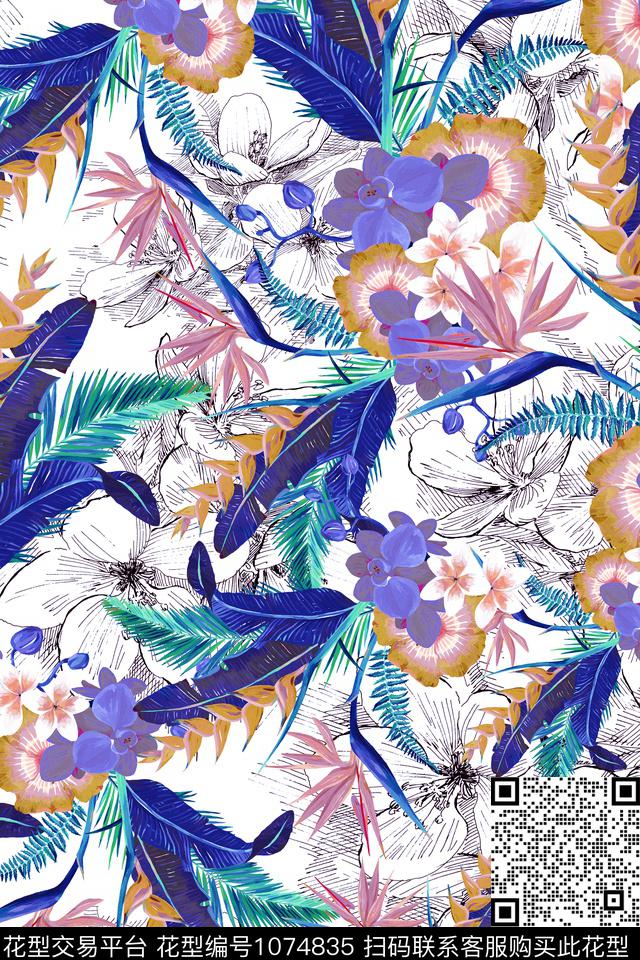 棕榈树签字笔手绘栀子花数码印花华亿平台下载（图片编号: 1074835） - 瓦栏（Walan）