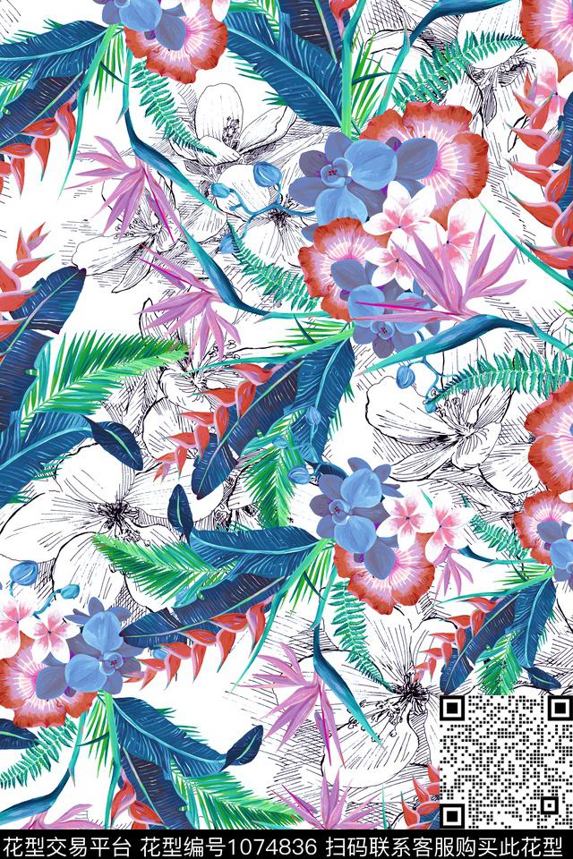 棕榈树签字笔手绘栀子花数码印花华亿平台下载（图片编号: 1074836） - 瓦栏（Walan）