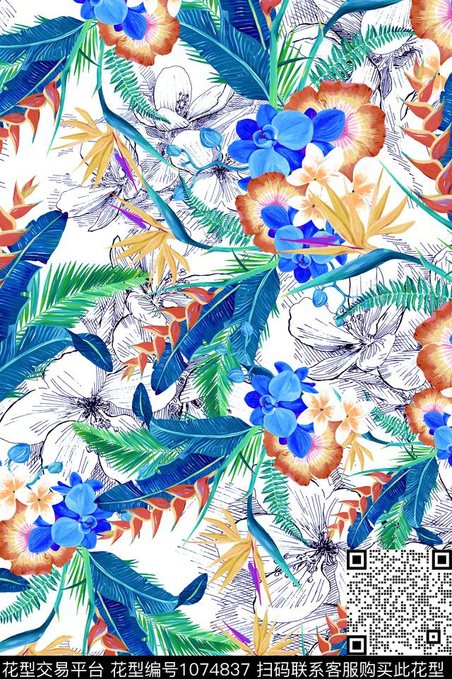 棕榈树签字笔手绘栀子花数码印花华亿平台下载（图片编号: 1074837） - 瓦栏（Walan）