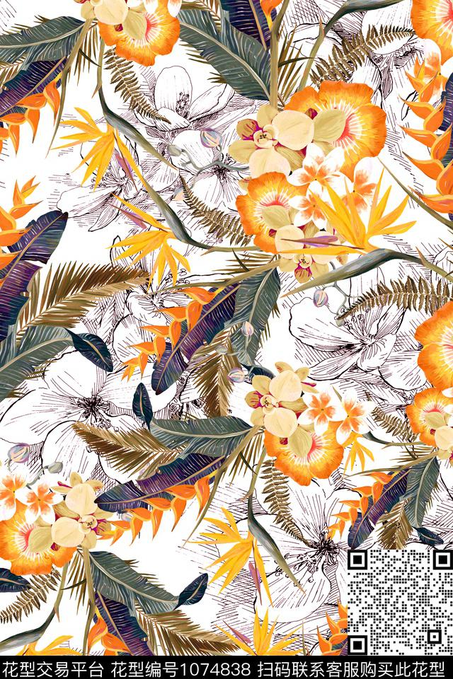 棕榈树签字笔手绘栀子花数码印花华亿平台下载（图片编号: 1074838） - 瓦栏（Walan）