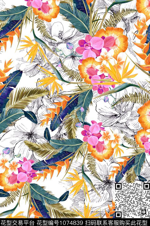 棕榈树签字笔手绘栀子花数码印花华亿平台下载（图片编号: 1074839） - 瓦栏（Walan）