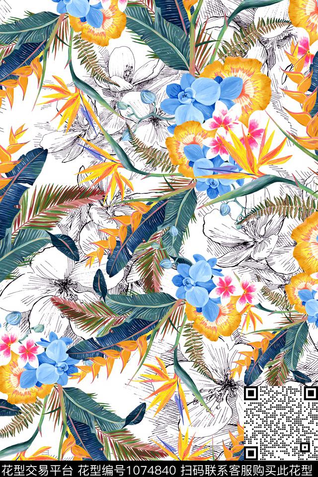 棕榈树签字笔手绘栀子花数码印花华亿平台下载（图片编号: 1074840） - 瓦栏（Walan）