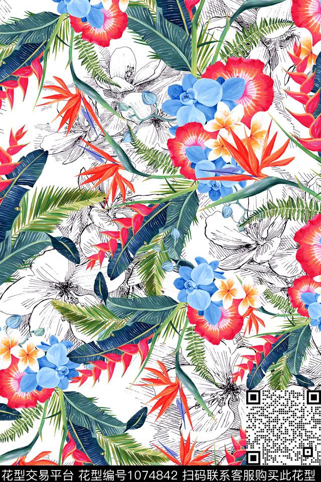 棕榈树签字笔手绘栀子花数码印花华亿平台下载（图片编号: 1074842） - 瓦栏（Walan）