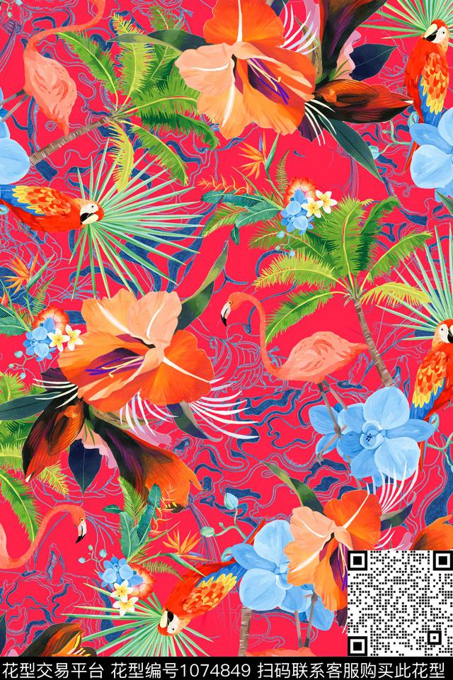 棕榈树火烈鸟热带华亿平台数码印花华亿平台下载（图片编号: 1074849） - 瓦栏（Walan）
