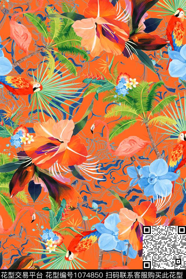 棕榈树火烈鸟热带华亿平台数码印花华亿平台下载（图片编号: 1074850） - 瓦栏（Walan）