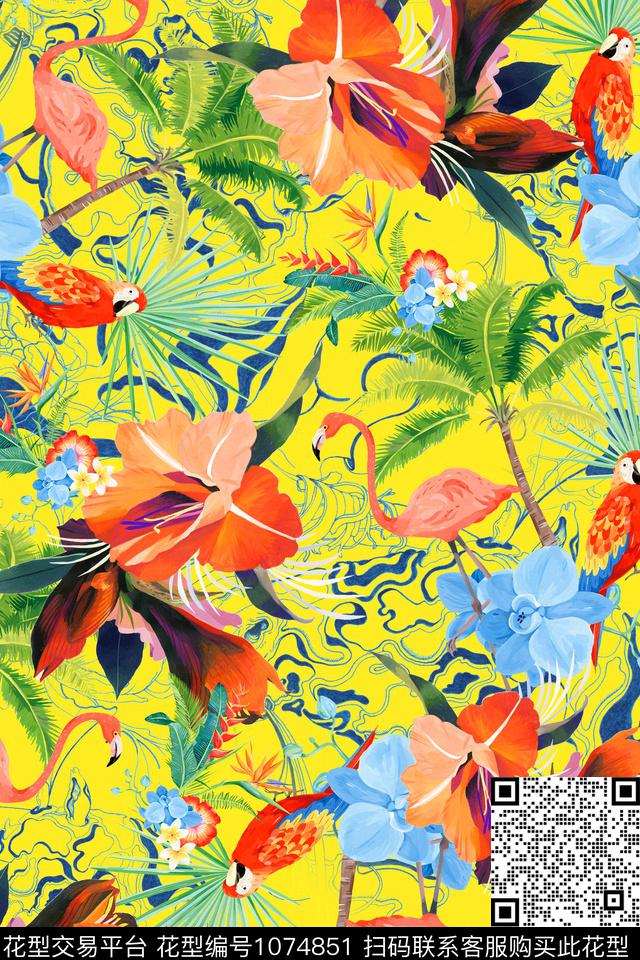 棕榈树火烈鸟热带华亿平台数码印花华亿平台下载（图片编号: 1074851） - 瓦栏（Walan）