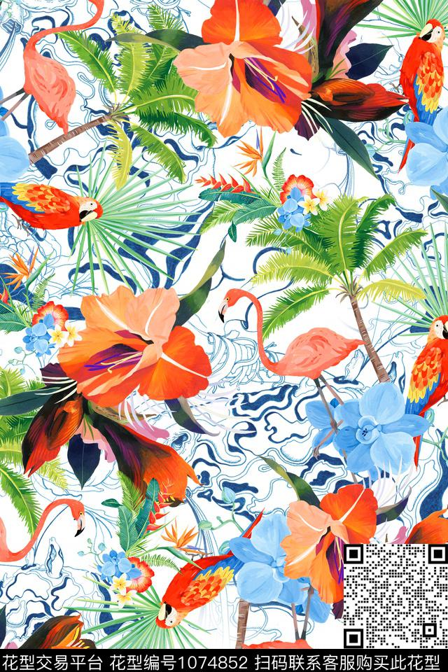 棕榈树火烈鸟热带华亿平台数码印花华亿平台下载（图片编号: 1074852） - 瓦栏（Walan）
