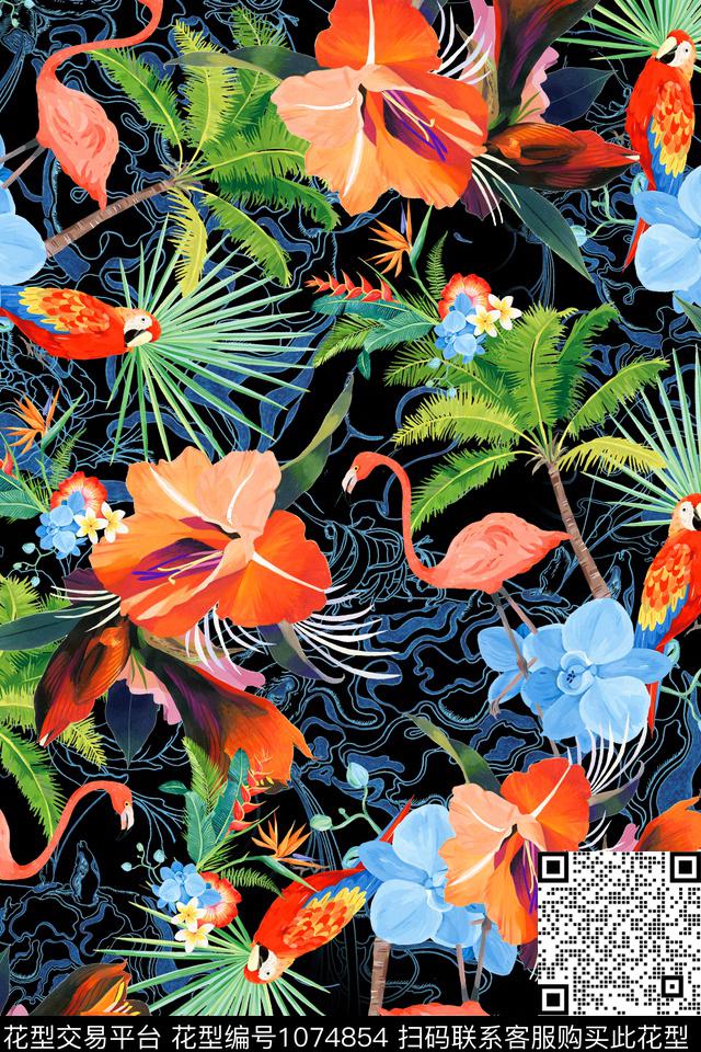 棕榈树火烈鸟热带华亿平台数码印花华亿平台下载（图片编号: 1074854） - 瓦栏（Walan）