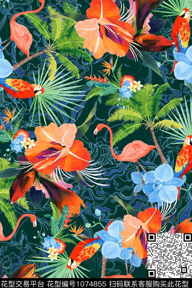 棕榈树火烈鸟热带华亿平台数码印花华亿平台下载（图片编号: 1074855） - 瓦栏（Walan）