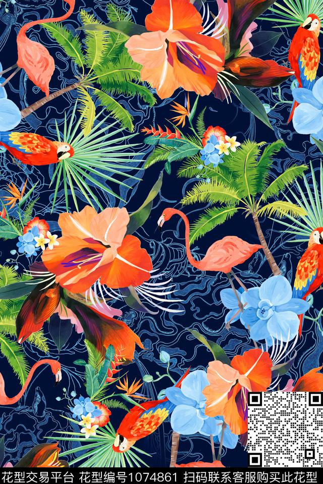 棕榈树火烈鸟热带华亿平台数码印花华亿平台下载（图片编号: 1074861） - 瓦栏（Walan）