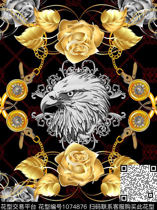 动物花卉老鹰古典花纹数码印花华亿平台下载（图片编号: 1074876） - 瓦栏（Walan）