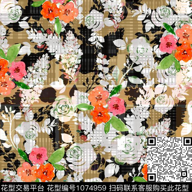 格子抽象花卉数码印花华亿平台下载（图片编号: 1074959） - 瓦栏（Walan）