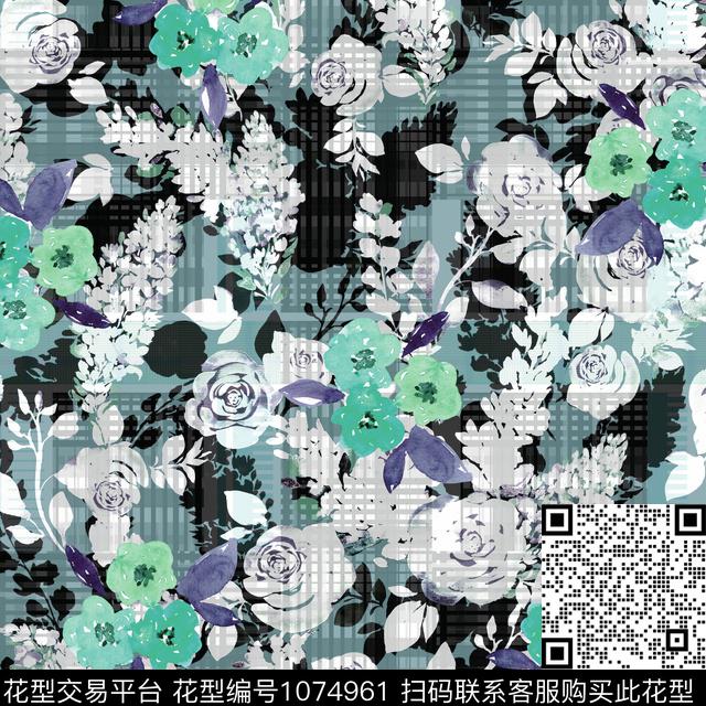 格子抽象花卉数码印花华亿平台下载（图片编号: 1074961） - 瓦栏（Walan）