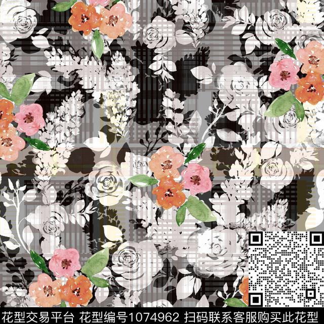 格子抽象花卉数码印花华亿平台下载（图片编号: 1074962） - 瓦栏（Walan）
