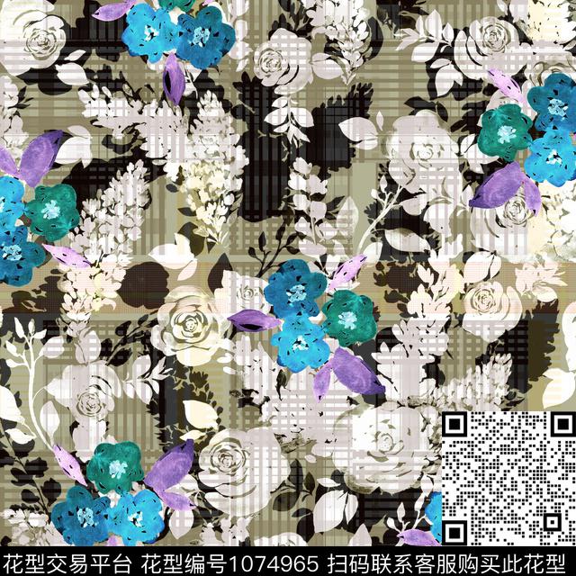 格子抽象花卉数码印花华亿平台下载（图片编号: 1074965） - 瓦栏（Walan）