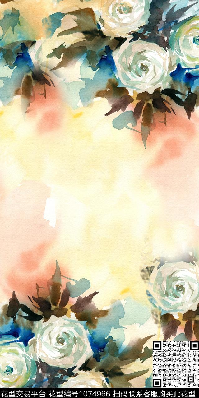 定位花花卉水彩花卉数码印花华亿平台下载（图片编号: 1074966） - 瓦栏（Walan）