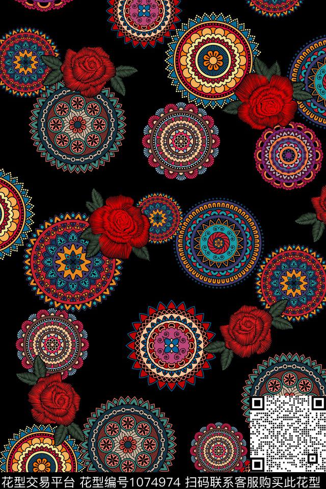 民族风花卉几何数码印花华亿平台下载（图片编号: 1074974） - 瓦栏（Walan）