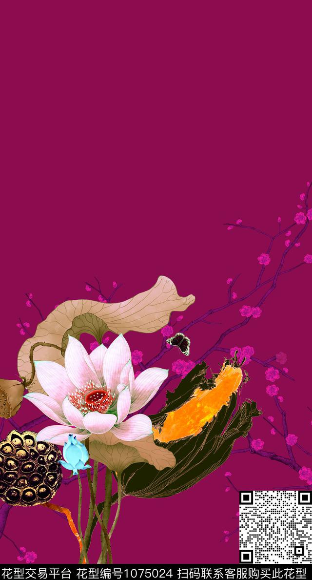 手绘荷花复古定位暗纹花枝数码印花华亿平台下载（图片编号: 1075024） - 瓦栏（Walan）