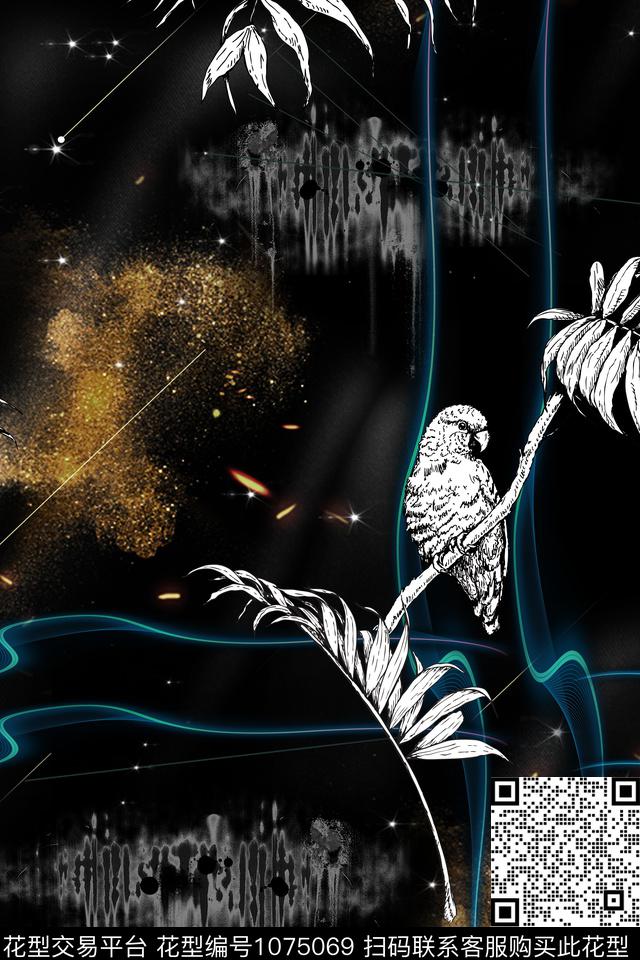 动物绿植树叶暗黑抽象数码印花华亿平台下载（图片编号: 1075069） - 瓦栏（Walan）