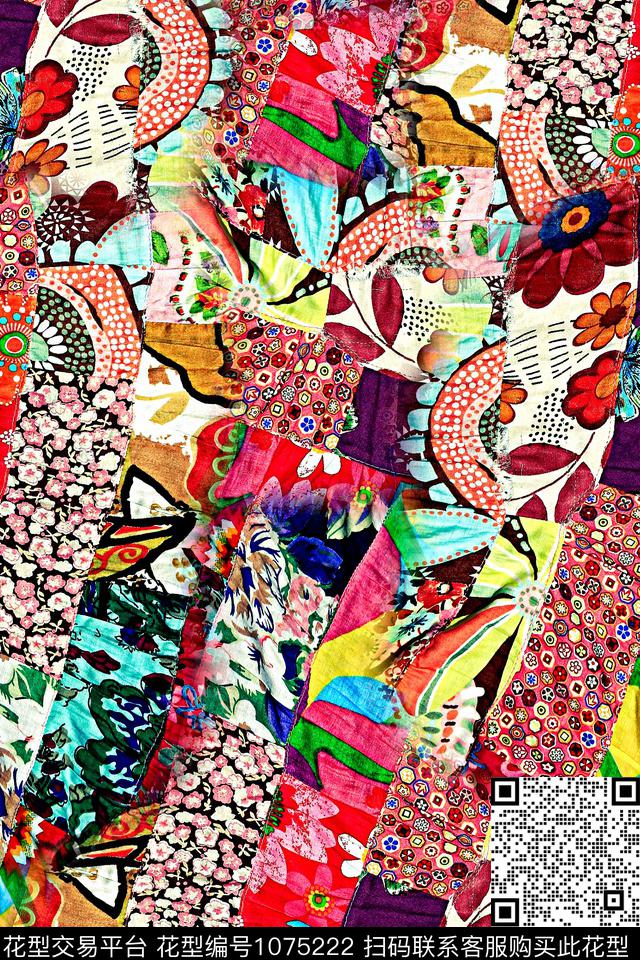 数码华亿平台民族花卉抽象数码印花华亿平台下载（图片编号: 1075222） - 瓦栏（Walan）