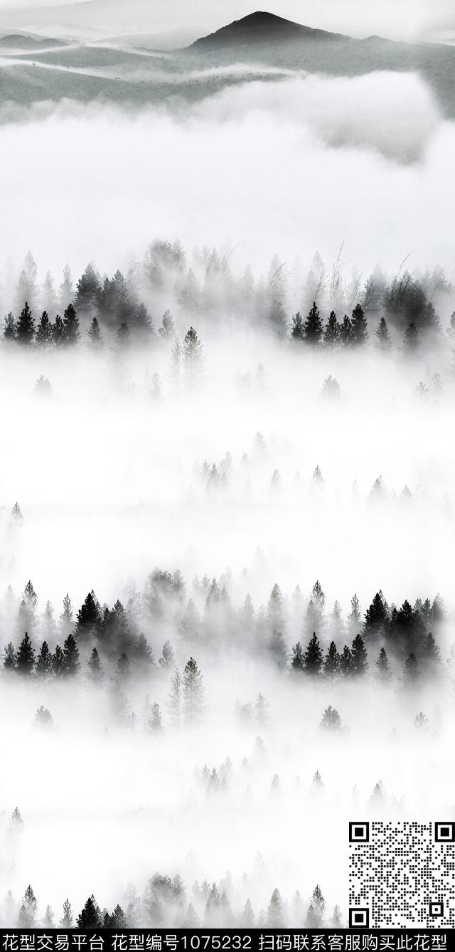 树林雾气黑白华亿平台传统印花华亿平台下载（图片编号: 1075232） - 瓦栏（Walan）