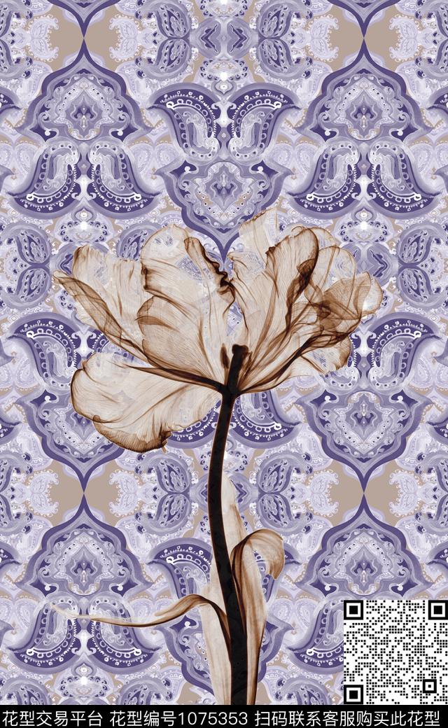民族风抽象花卉数码印花华亿平台下载（图片编号: 1075353） - 瓦栏（Walan）